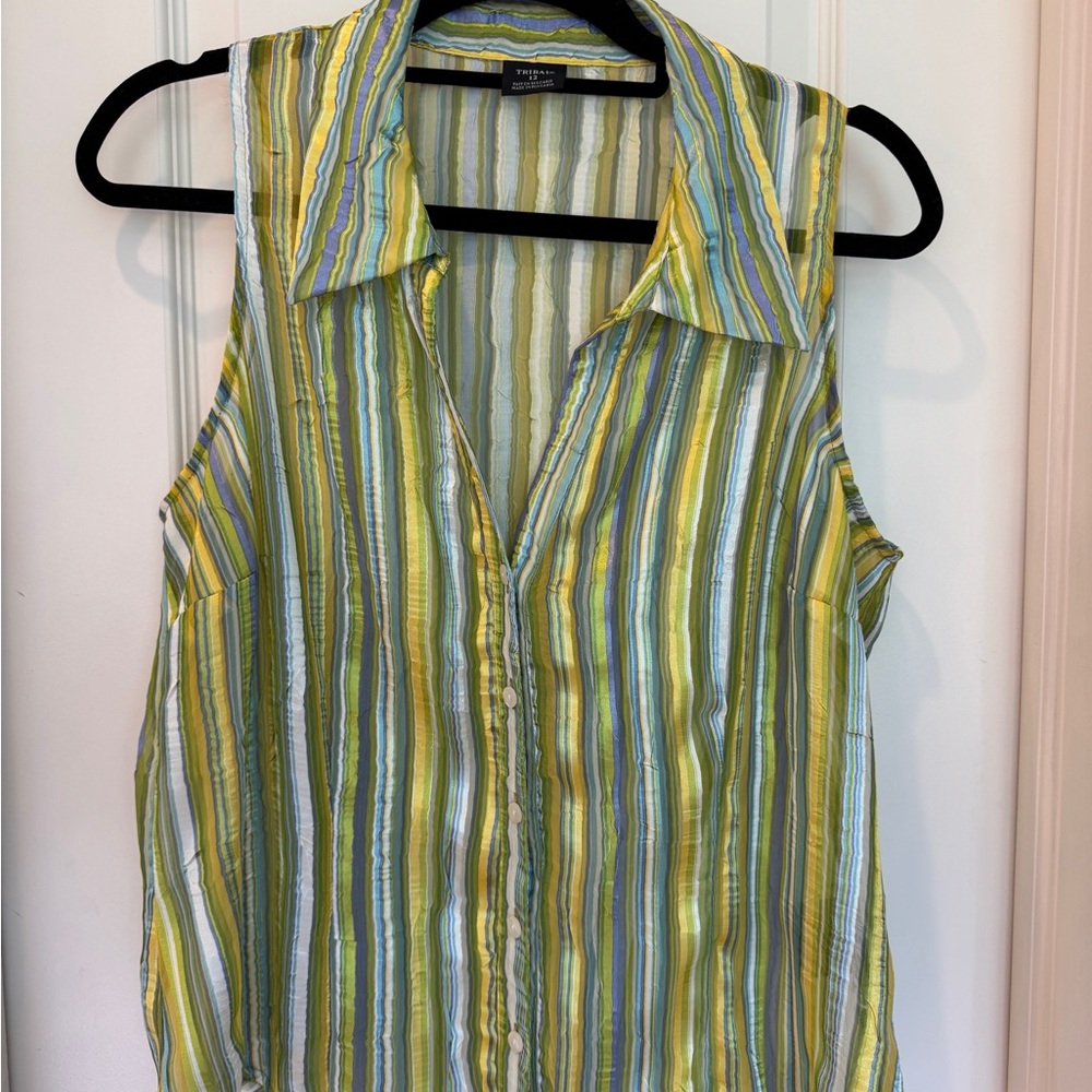 Tribal Sleeveless Button-Down Shirt in Yellow, Green & Blue Stripes